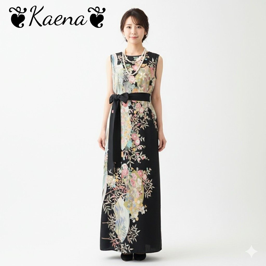 着物リメイク　ワンピース　友禅　作家物　ロング　ドレス　Aライン　黒留袖　ベルト紐　結婚式　パーティー　卒業式　オケージョン