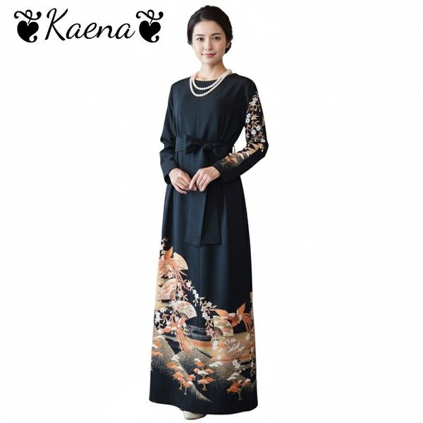 着物リメイク ワンピース ロング ドレス Aライン 黒留袖 ベルト紐 後ろボタン 結婚式 パーティー 卒業式 衣装 オケージョン