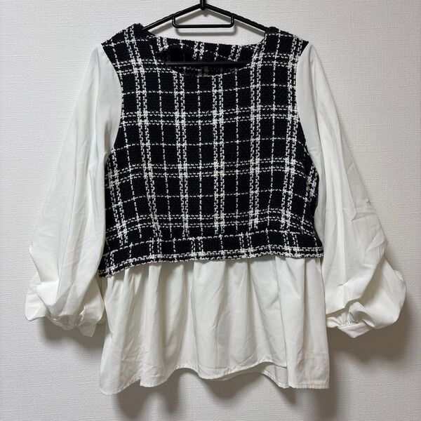 チェック柄 ドッキングプルオーバー ボリューム袖 長袖ブラウス