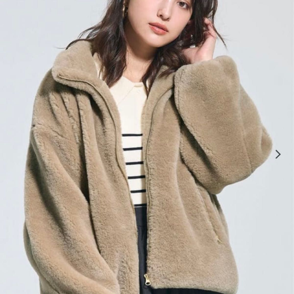 【Lサイズ】cocaウォッシャブルフェイクファースタンドカラーブルゾン　ベージュ