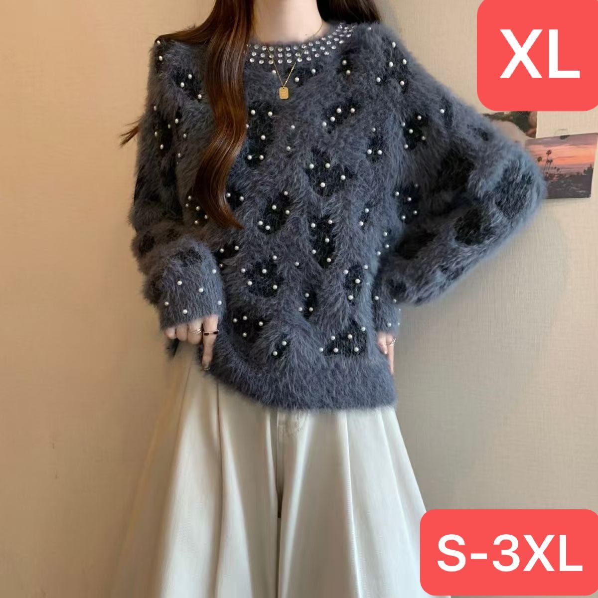 ニット セーター レディースニット ビーズ付き 丸首 秋 冬 SLUD159