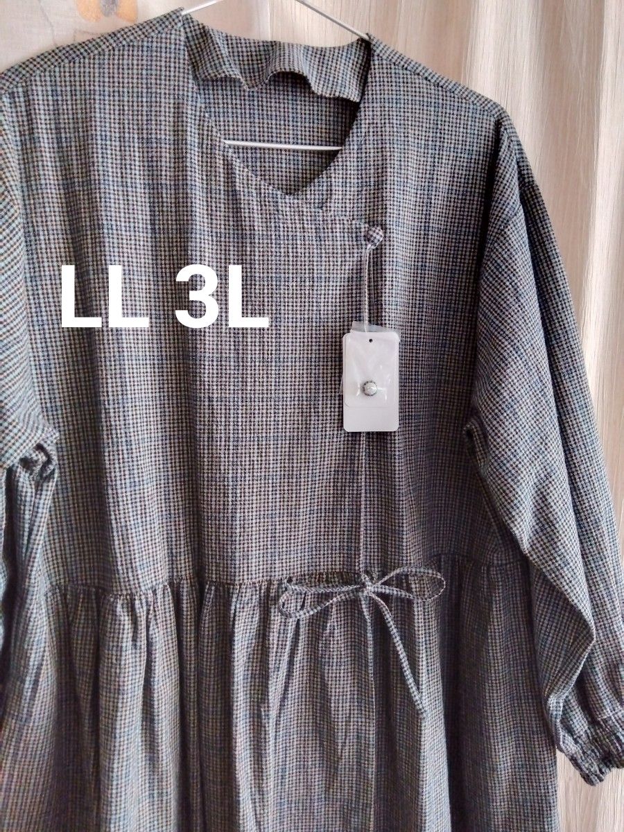 ワンピース チェック柄 コート カシュクール ロング丈 レディース 綿 コットン LL 3L 前開きワンピース