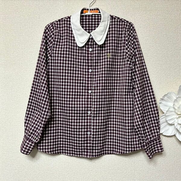 フィント チェック柄 白二重衿 長袖ブラウス F 赤 美品