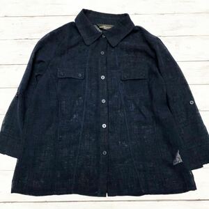 ネイビーの薄手シャツ ポリエステル Mサイズ 7分袖〈古着 美品★used〉　羽織　カーディガン代わりにも　レディース A36