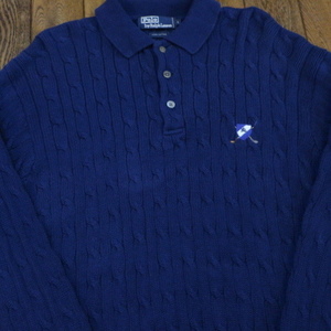 90s Polo Ralph Lauren ケーブル編み 襟付き コットン ニット セーター L ネイビー ゴルフ ロゴ 刺繍 ポロ ラルフローレン