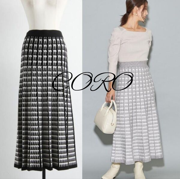 Cookie Chocolate 千鳥柄ニットプリーツフレアスカート ブラック クッキーチョコレート チェックロングスカート秋冬物
