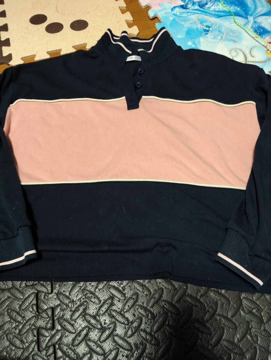 長袖ポロシャツ ボーダー柄 ネイビー ピンク