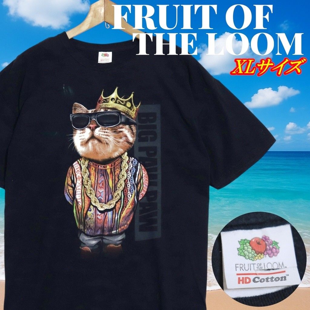 FRUIT OF THE LOOM フルーツオブザルーム アニマル柄 猫 キングねこ Tシャツ XLサイズ ブラック
