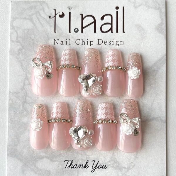 ネイルチップ 現品 ワンホン 韓国 フレンチガーリー 千鳥柄 千鳥格子 ピンク ホワイト 白 バラ 薔薇