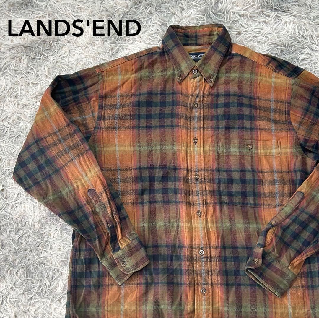 90s LANDS'END ランズエンド ネルシャツ チェック柄 希少色 ヴィンテージ【M】 長袖 アメリカ古着