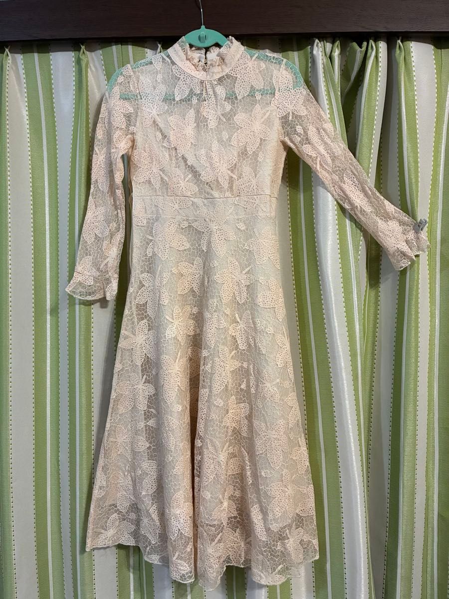 総レースロングワンピース 長袖 ピンクベージュ 結婚式 パーティードレス