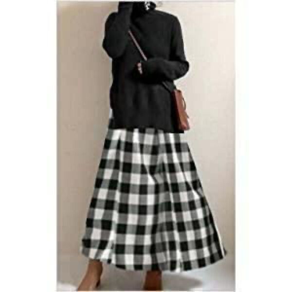 黒のタートルネックニットロングワンピース チェック柄 おしゃれ 海外 韓国風 Fサイズ 着やすく秋冬コーデに大活躍 上品ワンピ