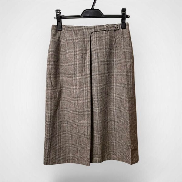 極美品 LAUREN RALPH ラルフローレン グレンチェック ブラウン系カラー 暖ウール素材 膝丈 巻きスカート