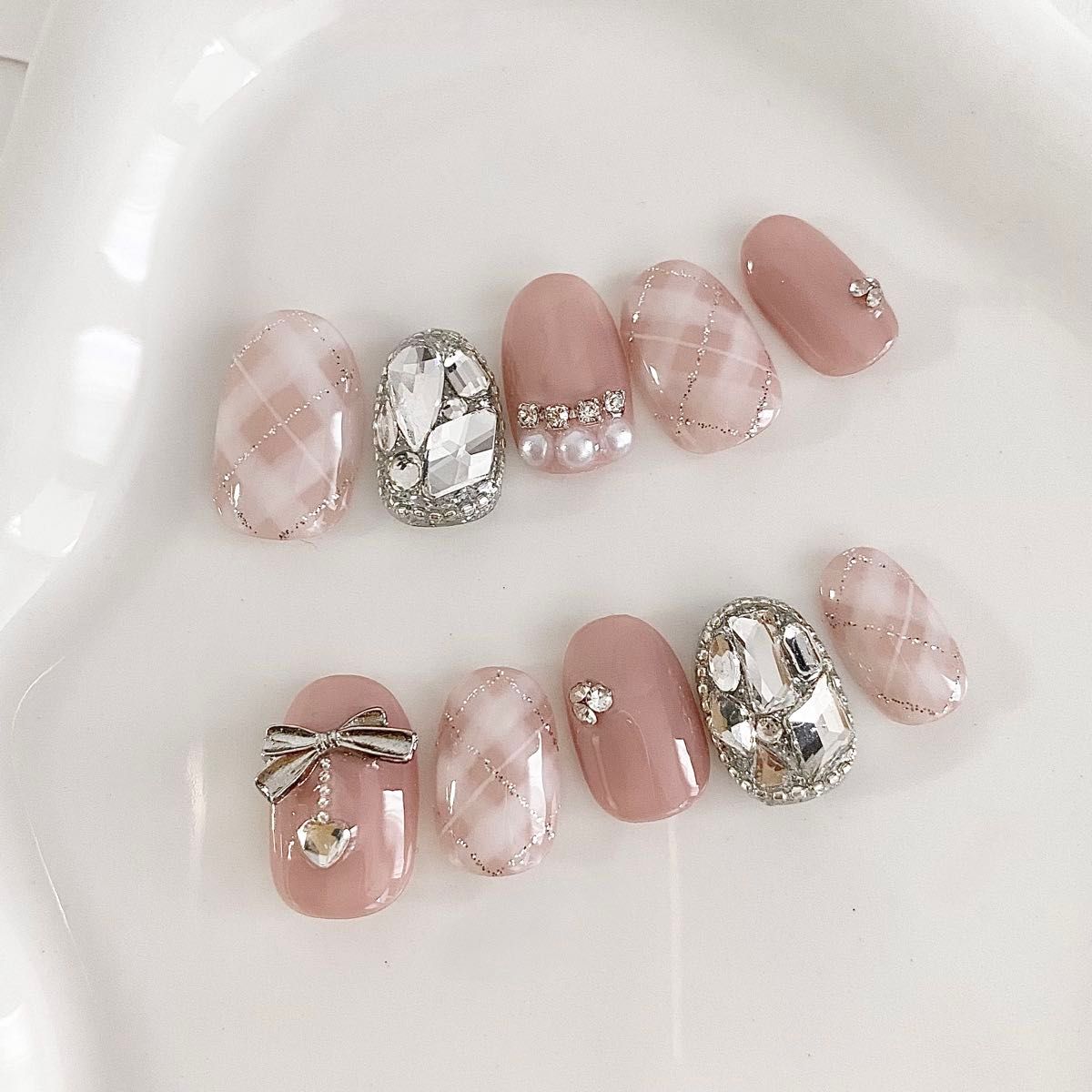 サイズオーダー　 ネイルチップ　ガーリー　ガーリーネイル　 ピンク　ワンホン　ワンホンネイル　ピンク　ヌーディー　ビジュー　韓国