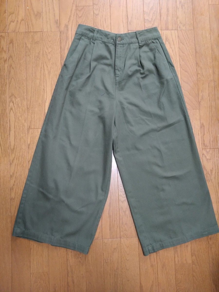 カーキ ワイドパンツ ガウチョパンツ レディース　大きめ　