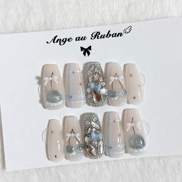 ネイルチップ オーダー さくらんぼネイル 水色ネイル 韓国ネイル ワンホンネイル キラキラネイル オタクネイル 推し活ネイル