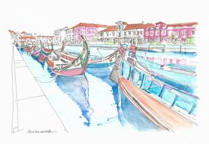 Art hand Auction European cityscape, seaweed harvesting boats in Aveiro, Portugal, F4 paper, original watercolor painting, Painting, watercolor, Nature, Landscape painting