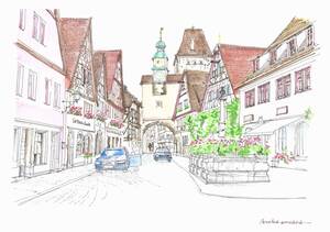 Art hand Auction Paysage urbain européen / Ruelle de Rothenburg, Allemagne / Papier à dessin F4 / Peinture aquarelle originale, peinture, aquarelle, Nature, Peinture de paysage