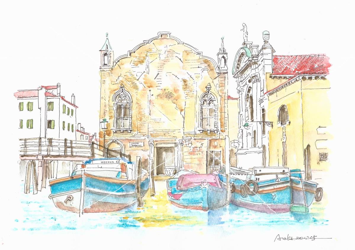 Paisaje urbano declarado Patrimonio de la Humanidad, Venecia, Italia, Papel de dibujo F4, Acuarela original, Cuadro, acuarela, Naturaleza, Pintura de paisaje