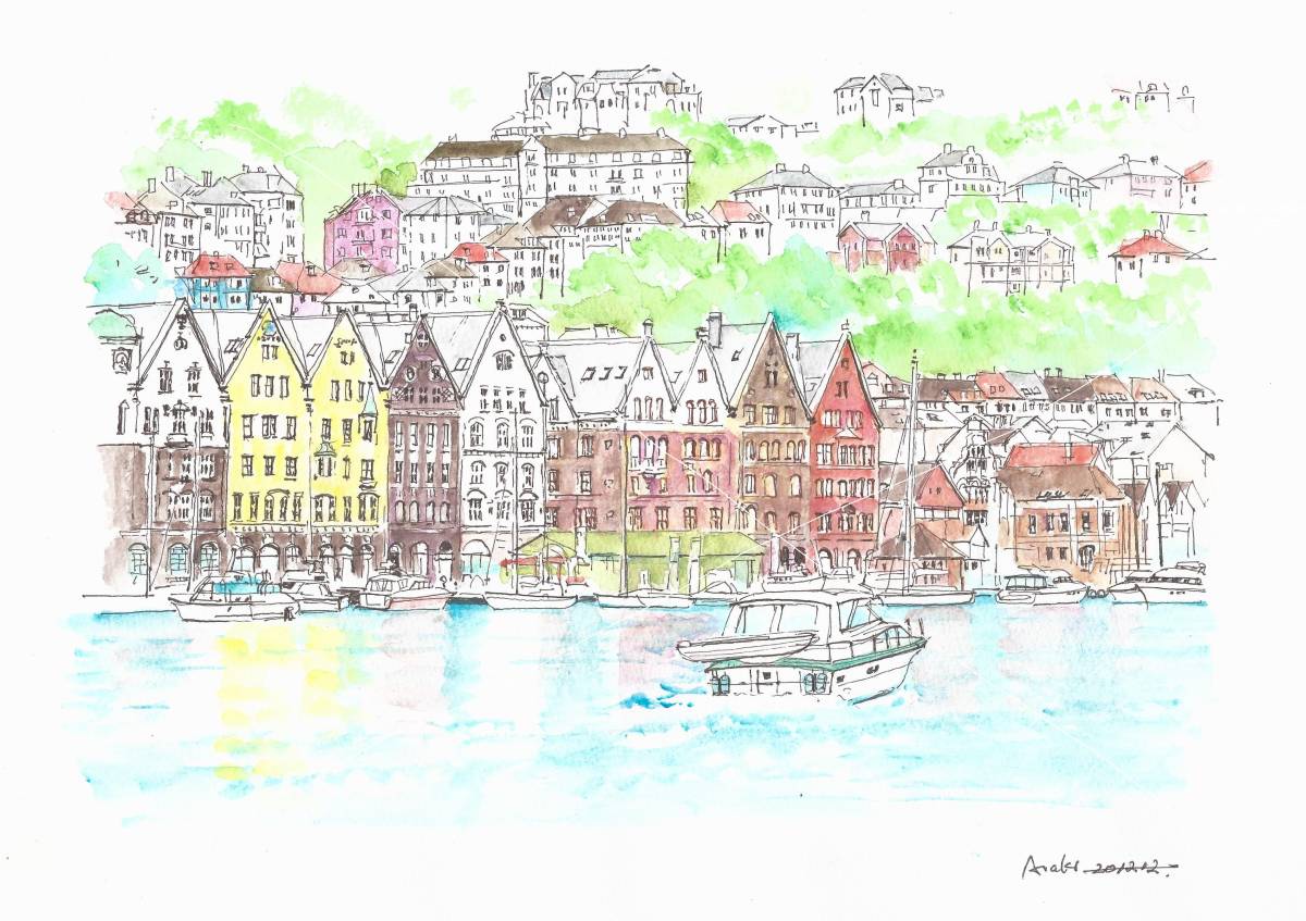 Paisaje urbano declarado Patrimonio de la Humanidad, Distrito de Bryggen, Bergen, Noruega, Papel de dibujo F4, Acuarela original, Cuadro, acuarela, Naturaleza, Pintura de paisaje