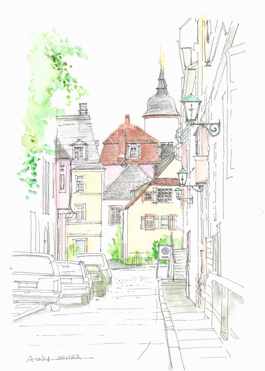 Paysage urbain/ruelles d'Heidelberg, patrimoine mondial, Allemagne/F4 papier à dessin/Peinture originale à l’aquarelle, peinture, aquarelle, Nature, Peinture de paysage