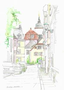 Art hand Auction World Heritage Streetscape, Alley of Heidelberg, Germany, F4 Drawing Paper, Watercolor Original, Painting, watercolor, Nature, Landscape painting