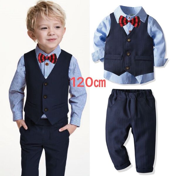 120㎝ 男の子 フォーマルスーツ フォーマル ネイビー 子供スーツ 卒業式入学式発表会結婚式 ベストズボン蝶ネクタイジュニア