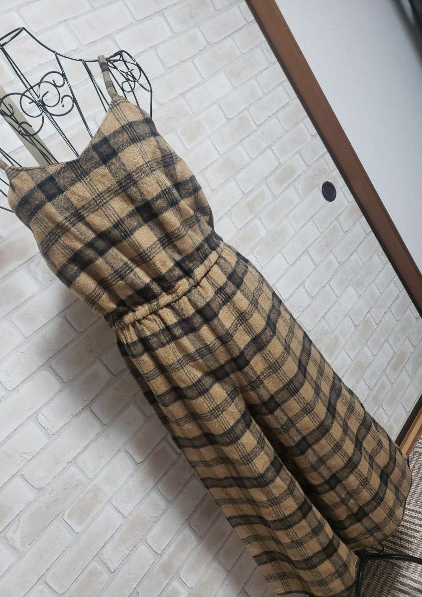 チェック柄キャミソールサロペット オールインワン ブラウン系