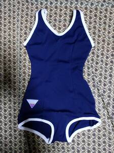  unused retro school swimsuit can ko- white piping M size white line dark blue kanko