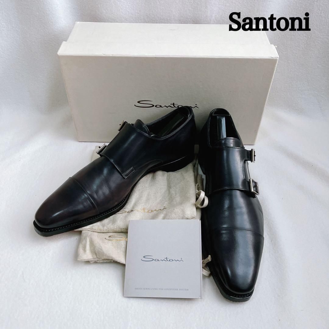 極美品 サントーニ ダブルモンクストラップ レザー 革靴 黒 ストレートチップ Santoni ビジネスシューズ ブラック
