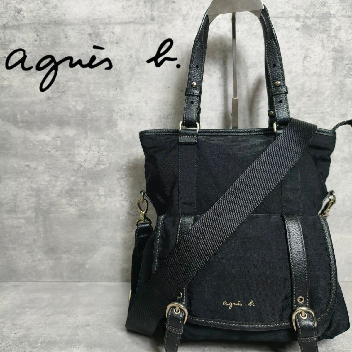 agnes b. VOYAGE アニエスベー 2way トートバッグ ショルダーバッグ ナイロン レザー ブラック