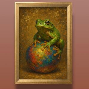 七色の運気に乗り未来へ跳ねる幸運のカエル 額縁付き 開運グラフィックアート