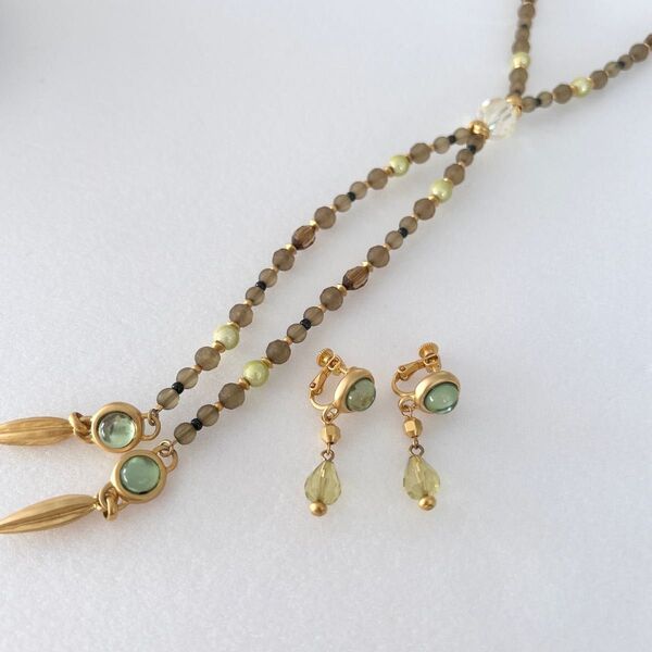 ビーズ ネックレス&イヤリングセット ゴールドカラー ヴィンテージ カボション