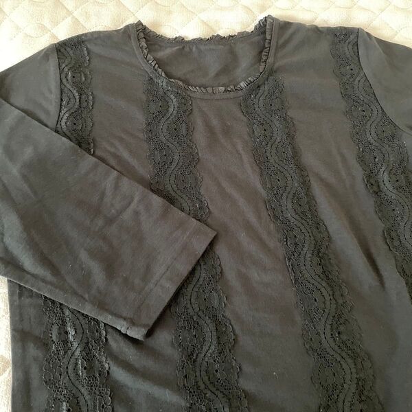美品 ブラック レース模様 七分袖 Tシャツ カットソー M〜L 黒 トップス