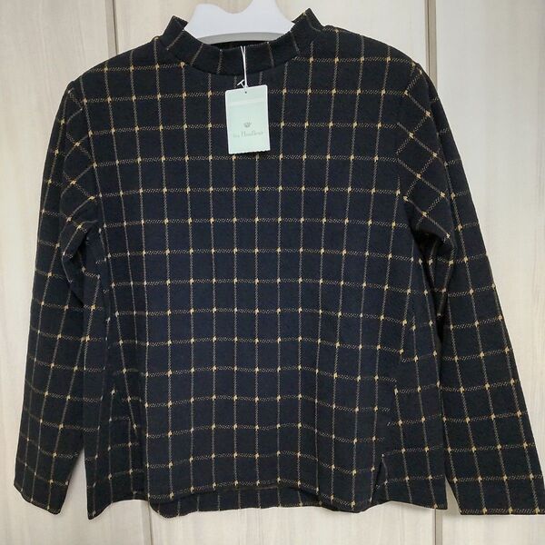 未使用 プチオンフルール プチハイネックカットソー(M)黒地ベージュチェック 秋冬