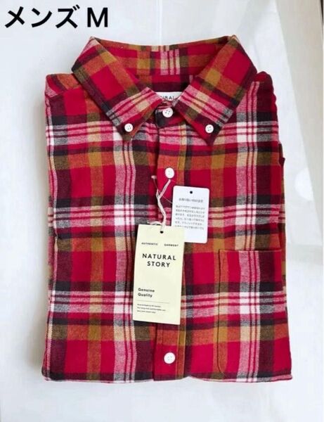 ネルシャツ ナチュラルストーリー フランネルシャツ ボタンダウン チェック 長袖 シャツ M 赤 レッド 袖長め メンズ