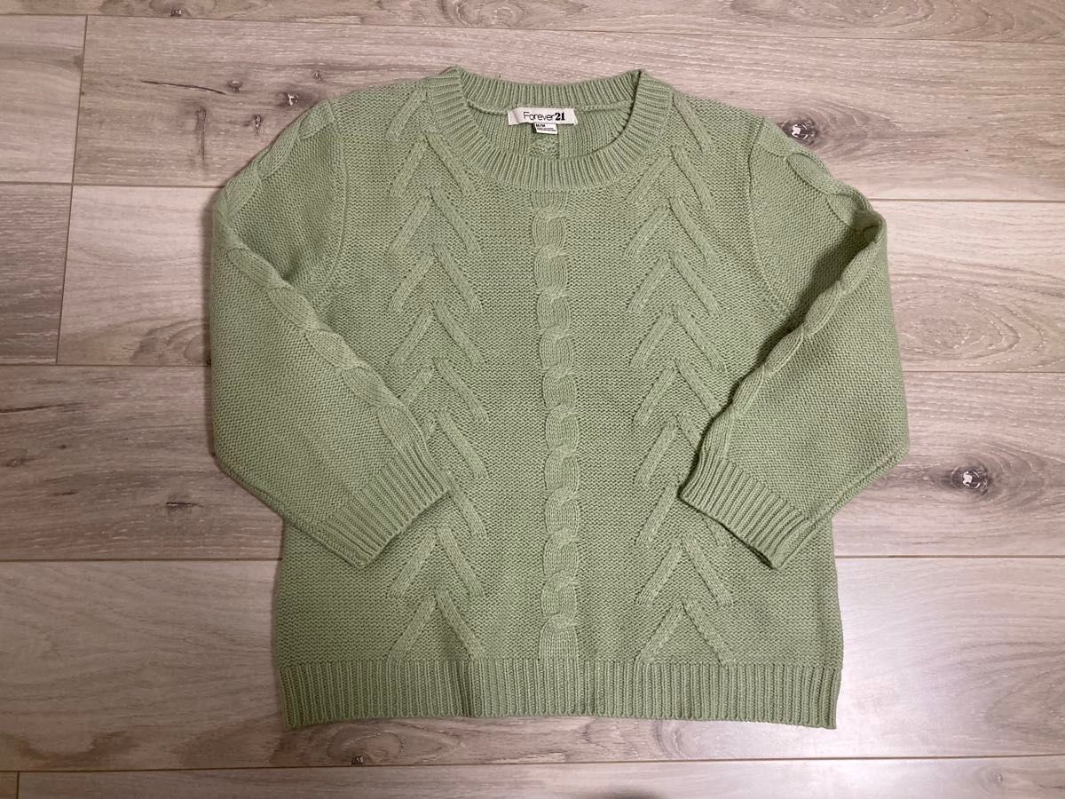 FOREVER21 ケーブル編みニットセーター トップス グリーン 七分袖 長袖 M