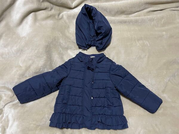 プティマイン 90サイズ 取り外し可能 フード付き 中綿 ジャンパー フリル リボン ネイビー 紺 女の子 petit main