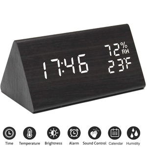 デジタルアラーム時計木製電子led時刻表示湿度温度検出木材製の電気時計寝室のベッドサイド用