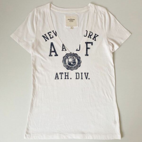 アバクロ Abercrombie & Fitch ロス購入本物 Tシャツ レディースM 中古シミ有 重ね着推奨 肩落ち スクール風 シミご理解頂ける方のみご覧下