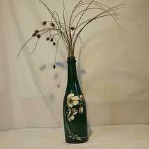 一輪挿し 花柄瓶 アンティークビン グリーン 花 緑色 高さ約30cm ガラス レトロ _画像1