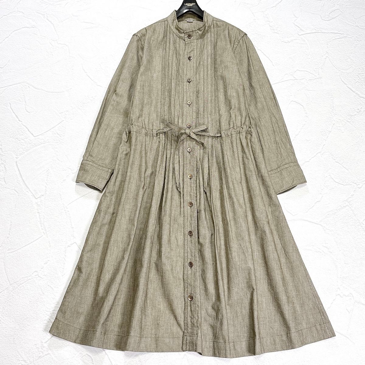 美品　45R　オックスフォードのタックシャツドレス　前開き　ピンタック　羽織り　リボン　ベルト　ロゴボタン　ロング　ワンピース