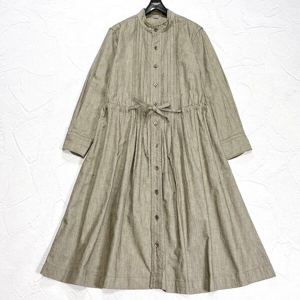 美品 45R オックスフォードのタックシャツドレス 前開き ピンタック 羽織り リボン ベルト ロゴボタン ロング ワンピース