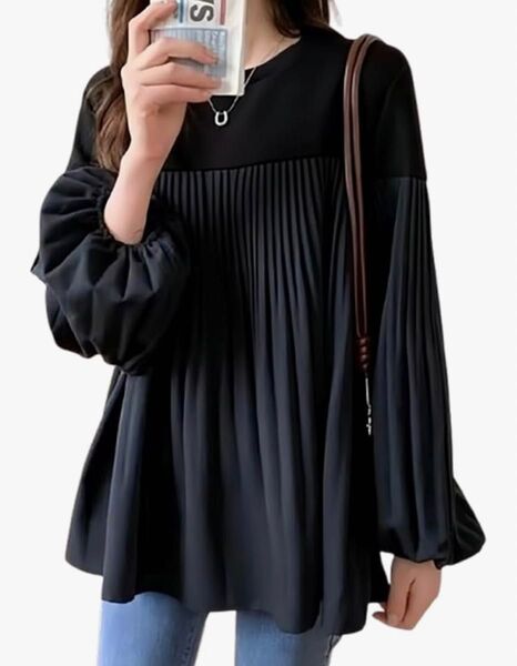 ギャザー 長袖 配色 切替レイヤード風シャツブラウス ふんわり ピンタック Aライン バルーン袖 リブ ぽわん袖 プルオーバー