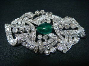 Antique Edwardian Period Diamond Emerald Broach Platinum ◇