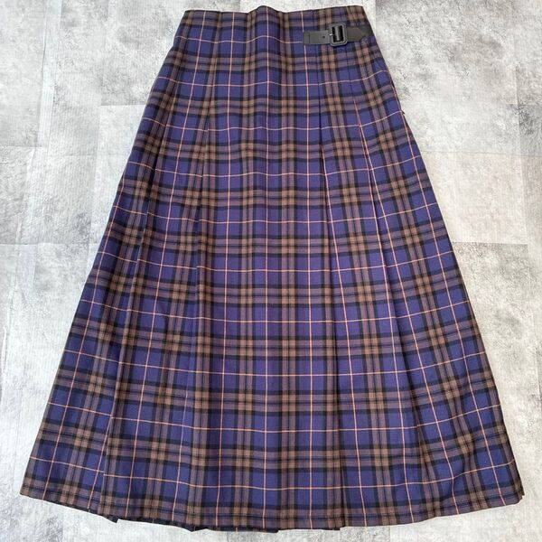GU チェック柄 プリーツロングスカート ベルト付き パープル ブラウン