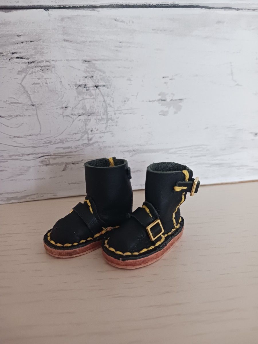 【訳アリ価格】ドール用エンジニアブーツ ブラック｜ミニチュア革靴｜ハンドメイド