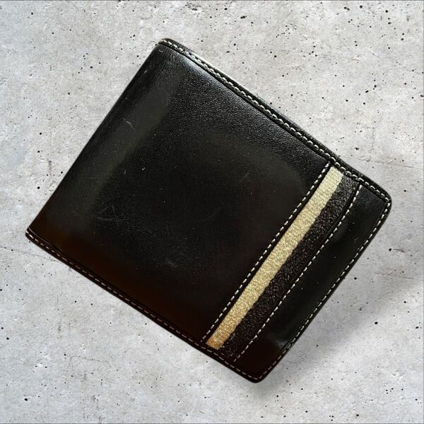 良品 COACH コーチ 二つ折り財布 ウォレット ストライプ レザー メンズ お札入れ 小銭入れ カード入れ ブラック 黒