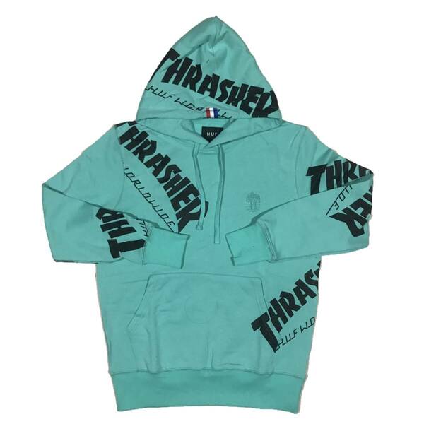 HUF(ハフ） THRASHER TDS ALLOVER HOOD ハフ×スラッシャープルオーバーパーカー(ミント）（L）[並行輸入品]