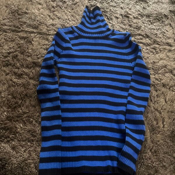 ボーダー タートルネック リブニット セーター ブルー ブラック 140センチ